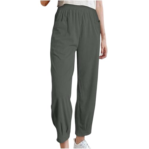 Cordhose Damen Stretch High Waist Tapered Hosen Einfarbig Corduroy Freizeithose Elastischer Bund Kordhose Baggy Gerades Bein Haremshose Casual Palazzo Stoffhose Outdoor 7/8 Hose mit Taschen von BFSWL