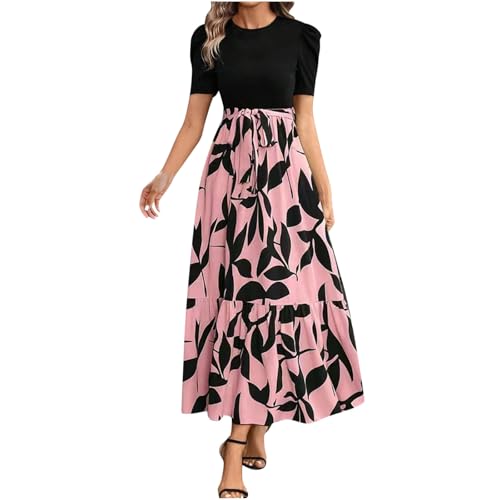 Damen Kleider Elegant Kurzarm Sommerkleid Modisch Bedrucken Tunika Kleid Sommer Patchwork Maxikleid Rundhals Freizeitkleid mit Gürtel A Linien Hohe Taille Rüschenkleid Sommerkleid mit Rüschen Saum von BFSWL