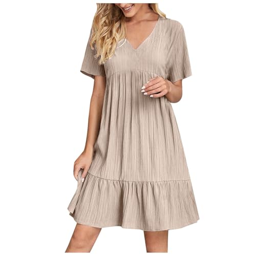 Damen Kleider Sommer Knielang Strandkleid V-Ausschnitt Kurzarm Rüschenkleid Sommerkleid mit Rüschen Saum Elegant A Linie Shirtkleid Einfarbig Swing Boho Kleid Urlaub Minikleid Freizeitkleid von BFSWL