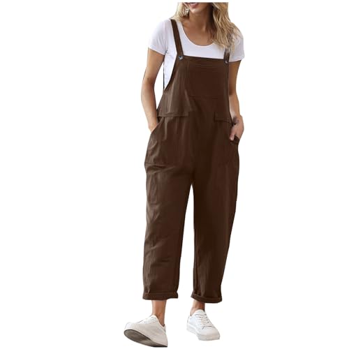 Damen Sommerkleidung – Leichter Overall aus Baumwolle-Leinen mit Trägern und Taschen, Einfarbig Ärmellos Jumpsuit von BFSWL