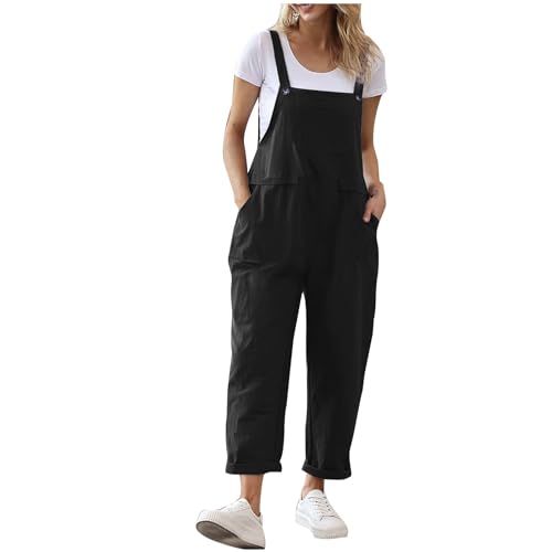 Damen Sommerkleidung – Leichter Overall aus Baumwolle-Leinen mit Trägern und Taschen, Einfarbig Ärmellos Jumpsuit von BFSWL