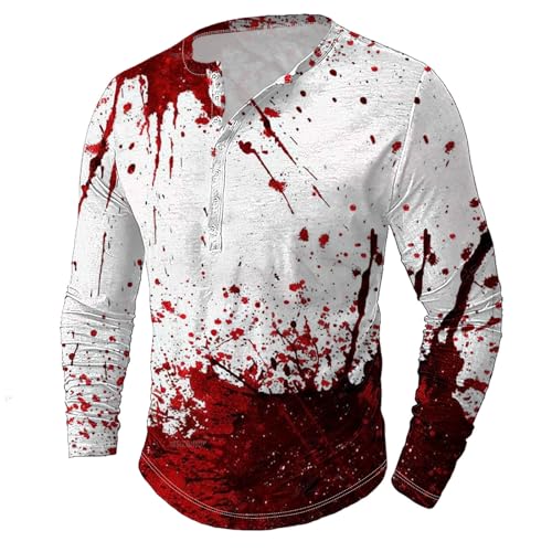 Der Discounter Halloween Kostüm Herren Horror Langarm Hemd Blutig Handabdruck Tshirt Große Größen T-Shirt für Männer Gruselig Knopfleiste Pullover Maskerade Langarmshirt Oberteile Cosplay von BFSWL