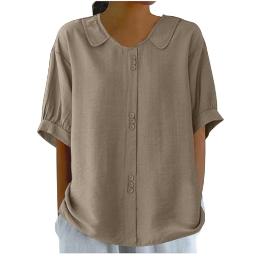 Der Discounter Musselin Bluse Damen Sommer Bubikragen Shirt Süßes Kurzarm Oberteile Atmungsaktiv Leinenbluse Baumwolle Leinen Tunika Einfarbig Patchwork Blusenshirt Hemdbluse Trend 2024 Tops von BFSWL