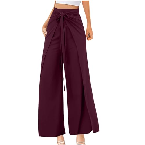 Die Discounter Yogahose Damen Lang Weite Bein Hose Baggy Freizeithose mit Schlitz Elegant Wickelhose zum Binden Leicht High Waist Stoffhose Lockere Passform Sommerhose Fließend von BFSWL
