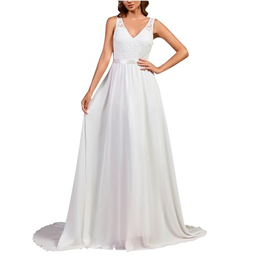 Elegant Ärmellos Chiffon Hochzeitskleid Weiß Rückenfrei Spitzennähte Brautkleider mit Schleppe Lang V-Ausschnitt Brautkleid Standesamt Kleid A Linien Hochzeitskleid Wedding Dress for Bride von BFSWL