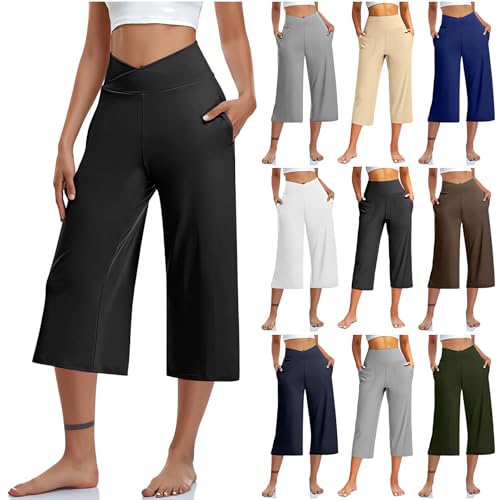 Geschenke für Frauen Caprihose Damen Sommer Weite Bein 3/4 Hose Hohe Taille Stretch Sporthose Lässig Sommerhose Jogginghose Fitness Yogahose Sport Trainingshose Einfarbig Stoffhose von BFSWL