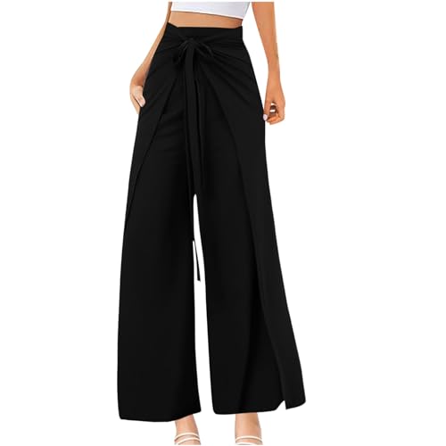 Geschenke für Frauen Yogahose Damen Lang Weite Bein Hose Baggy Freizeithose mit Schlitz Elegant Wickelhose zum Binden Leicht High Waist Stoffhose Lockere Passform von BFSWL