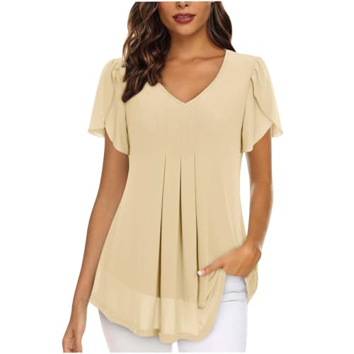 Geschenke für Freundin Bluse Damen Elegant Blütenblatt Kurzarm Tshirt Fließende Longshirt Sommer Chiffon T-Shirt Aesthetic Tunika Einfarbig Plissee T Shirt V-Ausschnitt Oberteile Leicht Geschenke für Freundin Bluse Damen Elegant Blütenblatt Kurzarm Tshirt Fließende Longshirt Sommer Chiffon T-Shirt Aesthetic Tunika Einfarbig Plissee T Shirt V-Ausschnitt Oberteile Leicht von BFSWL