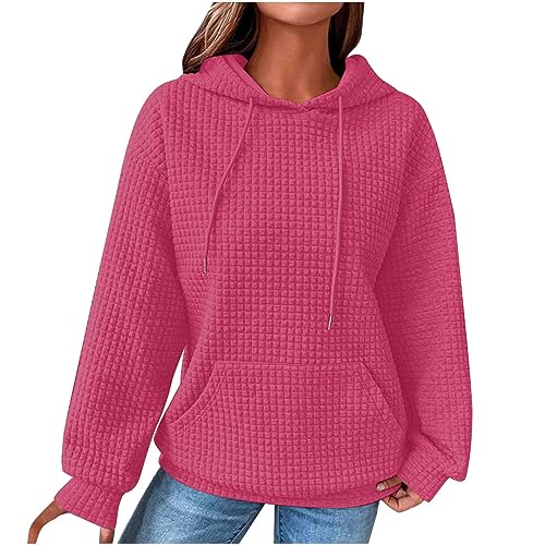 Hoodie Damen Oversize Dünne Waffel Pullover Freizeit Kapuzenpullover Autumn Langarm Sweatshirt Kordelzug Kapuze Pulli Einfarbig Langarmshirt Locker Bequem Oberteile Tops mit Tachen Sportshirt von BFSWL