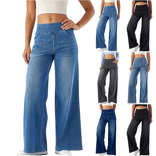 Jeans Damen Weites Bein High Waist Freizeithose Baggy Stretch Straight Hose Modisch Jeanshose mit Taschen von BFSWL