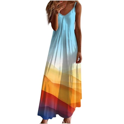 Kleid Damen Elegant Sommer 3D Gedruckte Trägerkleid V-Ausschnitt Spaghettiträger Sommerkleid A-Linien Ärmellos Knöchellang Strandkleid Casual Urlaub Maxikleid Bohemien Freizeitkleider von BFSWL