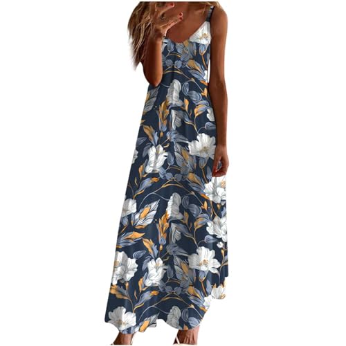 Kleid Damen Elegant Sommer 3D Gedruckte Trägerkleid V-Ausschnitt Spaghettiträger Sommerkleid A-Linien Ärmellos Knöchellang Strandkleid Casual Urlaub Maxikleid Bohemien Freizeitkleider von BFSWL