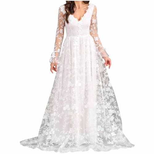Langarm Weiß Hochzeitskleid A-Linie Schleppe Spitzen Brautkleid Standesamt Lang V-Ausschnitt Patchwork Tüll Hochzeitskleid Wedding Dress for Bride Standesamtkleid Weiss Langarm Weiß Hochzeitskleid A-Linie Schleppe Spitzen Brautkleid Standesamt Lang V-Ausschnitt Patchwork Tüll Hochzeitskleid Wedding Dress for Bride Standesamtkleid Weiss von BFSWL