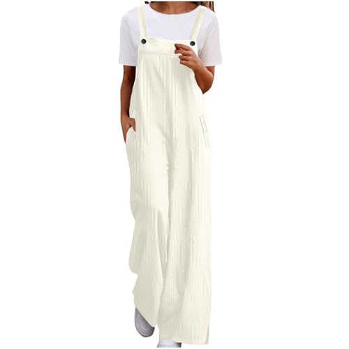 Latzhosen für Damen Einfarbig Cord Trägerhose Einstellbar Träger Jumpsuit Modisch Ärmellos Lange Overall Weites Bein Bib Pants mit Taschen Locker Freizeithose Romper Sommer Arbeitshose Strampler von BFSWL