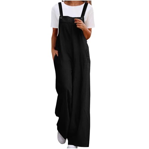 Latzhosen für Damen Einstellbar Träger Cord Jumpsuit Einfarbig Ärmellos Lange Overall Modisch Freizeithose Trägerhose Weites Bein Bib Pants mit Taschen Locker Arbeitshose Romper Sommer Strampler von BFSWL