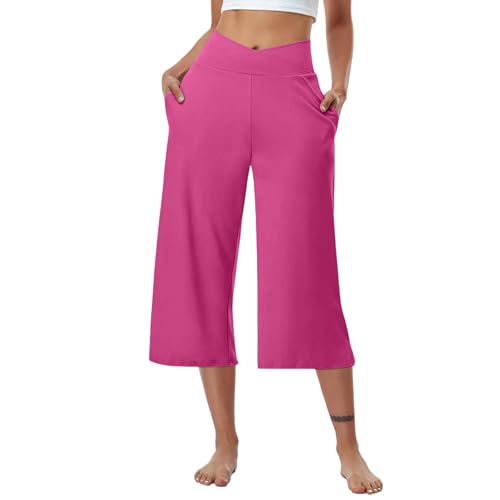 Leichte Yogahose Damen Sommer – V Cross High Waist Caprihose – Baggy Weites Bein Sporthose – Baggy 3/4 Hose mit Taschen von BFSWL