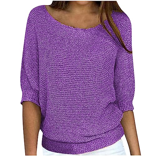 Lustige Geschenke Pullover Damen Elegant 3/4 Ärmel Oberteile Stretch Gestrick Strickpullover Einfarbig Rundhals Sweatshirt Plus Size Stricktop Locker Frauen Sweater Urlaub Tunika von BFSWL