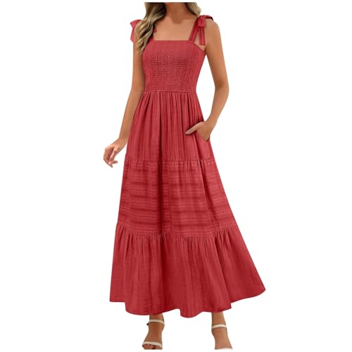 Maxikleid Damen Lang Ärmellos Sommerkleid Sommer Gesmoktes Trägerkleid A Linien Strandkleid mit Tashcen Einfarbig Gestuftes Freizeitkleid von BFSWL