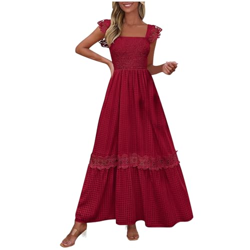 Maxikleid Damen Lang Gesmoktes Kleid A Linien Kurzarm Spitzenkleid Sommer Urlaub Strandkleid Knöchellang Sommerkleid von BFSWL