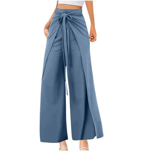 Meine Bestellungen Anzeigen Yogahose Damen Lang Weite Bein Hose Baggy Freizeithose mit Schlitz Elegant Wickelhose zum Binden Leicht High Waist Stoffhose Lockere Passform von BFSWL