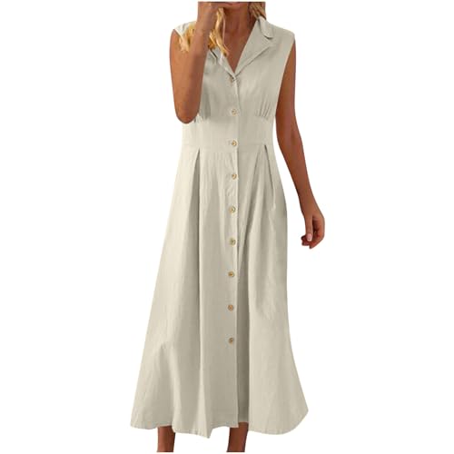Midikleid Damen Elegant Ärmellos Leinenkleid A Linien Musselin Blusenkleid Lang V-Ausschnitt Tank Kleid Einfarbig Sommerkleid mit Knöpfe Baumwolle Leinen Freizeitkleid Locker Casual Hemdkleid von BFSWL