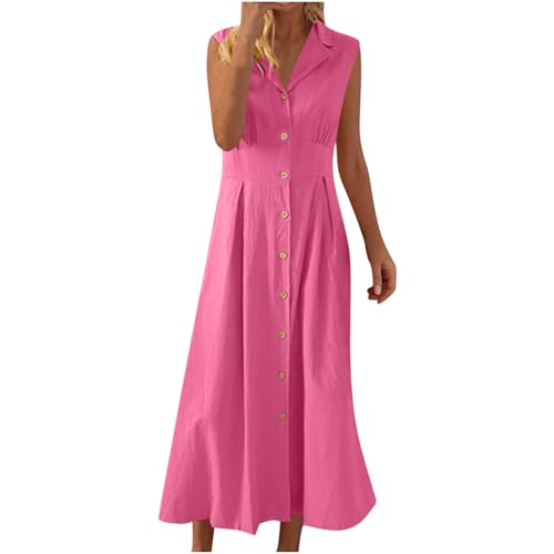Midikleid Damen Elegant Ärmellos Leinenkleid A Linien Musselin Blusenkleid Lang V-Ausschnitt Tank Kleid Einfarbig Sommerkleid mit Knöpfe Baumwolle Leinen Freizeitkleid Locker Casual Hemdkleid von BFSWL