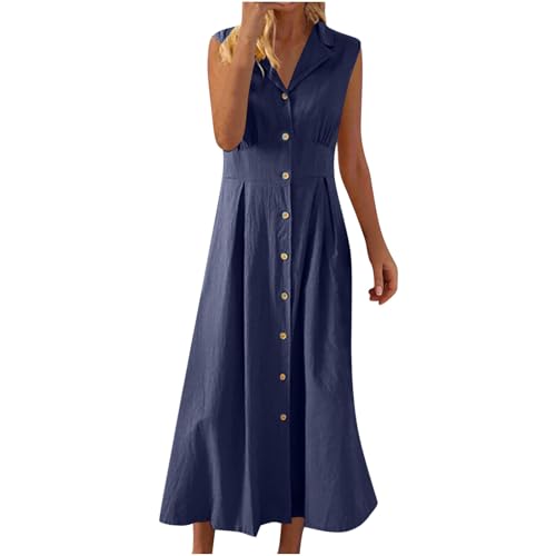 Midikleid Damen Elegant Ärmellos Leinenkleid A Linien Musselin Blusenkleid Lang V-Ausschnitt Tank Kleid Einfarbig Sommerkleid mit Knöpfe Baumwolle Leinen Freizeitkleid Locker Casual Hemdkleid von BFSWL