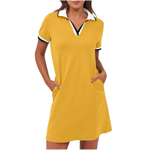 Polokleid Damen Kurze Kurzarm Tenniskleid V-Ausschnitt Minikleid Sommer Revers Golfkleid Outdoor Freizeitkleid Einfarbig Sportkleid Sommerkleid mit Taschen Für Sport Tennis Golf Baseball von BFSWL