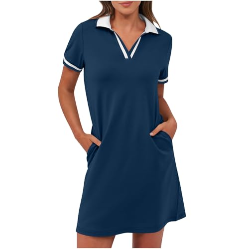 Polokleid Damen Sommer Revers Minikleid Knielang Freizeitkleid Kurzarm Sommerkleid Einfarbig Golf Kleid Kurze Shirtkleid mit Taschen Leichte Bequem Sportkleid Lässiges Tennis Kleider von BFSWL