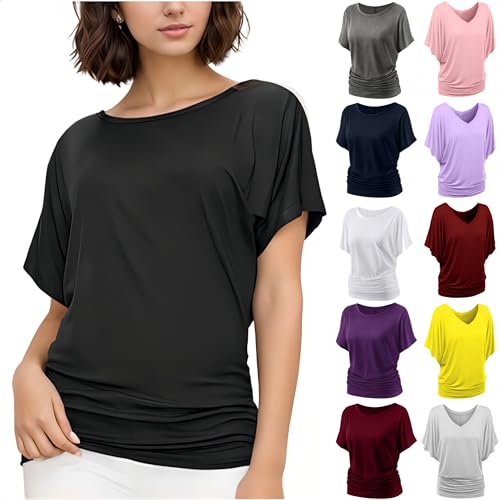 Prime to Day 2024 Angebote Tshirt Damen Sommer Fledermausärmel T Shirt Plissee Kurzarm Oberteile Große Größen T-Shirt Oversize Stretch Bluse Ausgefallene Longshirt Einfarbig Pullover Lässig von BFSWL