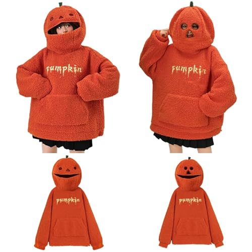 Prime to Day 2024 Wann Halloween Kostüm Damen Lustig Kürbis Kapuze Plüsch Hoodie Pumpkin Briefe Stickerei Kapuzenpullover Festliche Langarm Teddy Fleece Pullover Cosplay Karneval Sweatshirt für von BFSWL