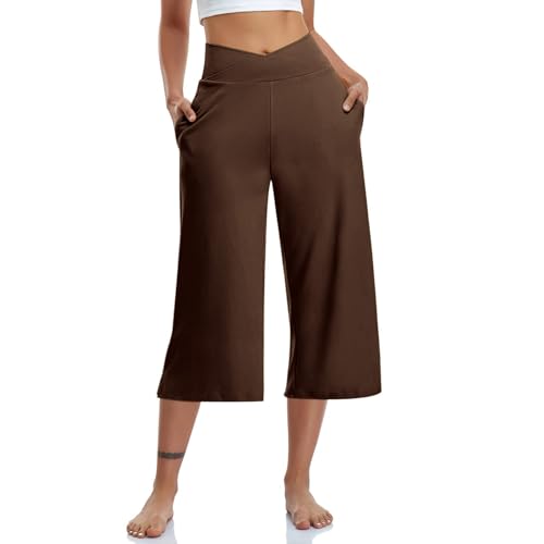 Prime to Day Angebote 2024 Caprihose Damen Sommer Weite Bein 3/4 Hose Hohe Taille Stretch Sporthose Lässig Sommerhose Jogginghose Fitness Yogahose Sport Trainingshose Einfarbig Stoffhose von BFSWL
