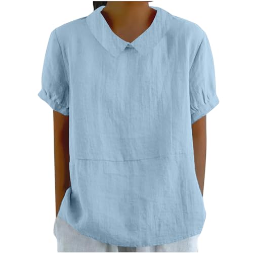 Prime to Day Deals Today 2024 Musselin Bluse Damen Einfarbig Leinenbluse Süßes Kurzarm Tunika Baumwolle Leinen T-Shirt Reverspuppenhals Oberteile Sommer Locker Tshirt Atmungsaktiv T von BFSWL