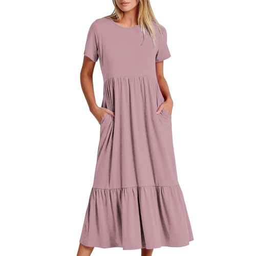 Prime to Day Deals Today 2024 Sommerkleid Damen Lang A Linien Kleid Elegant Swing Midikleid Sommer Plissee Strandkleid Baumwolle Summer Dress Einfarbig Kurzarm Freizeitkleid Taschen Tshirt von BFSWL