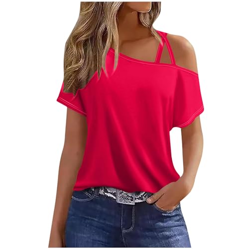 Prime to Day Deals Today 2024 T Shirt Damen Schulterfrei Tshirt Spaghettiträger T-Shirt Kurzarm Oberteile Sommer Lässig Bluse Modisch Strtch Tunika Fließend Pullover Shirt Locker von BFSWL