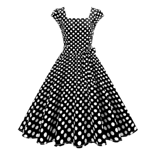 Rockabilly Kleider Damen 50er Kurzarm Polka Dots Kleid Knielang Partykleid mit Gürtel A Linien Swing Cocktailkleid Festlich Plissee Ballkleid Hohe Taille Midikleid Modisch Abendkleid von BFSWL