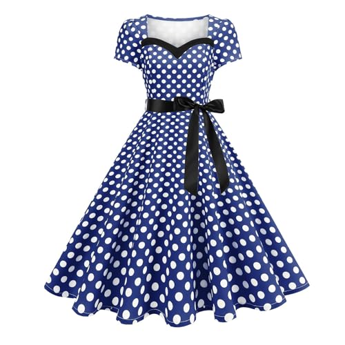 Rockabilly Kleider Damen Elegant – Kurzarm Gepunktet Abendkleid mit Bogenknoten – 50er Jahre A-Linie Swing Midikleid von BFSWL