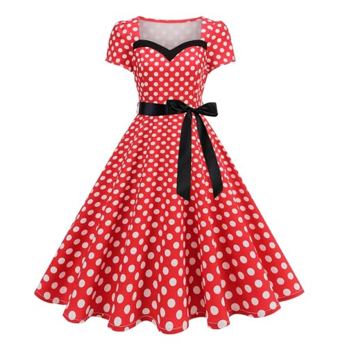 Rockabilly Kleider Damen Elegant – Kurzarm Gepunktet Abendkleid mit Bogenknoten – 50er Jahre A-Linie Swing Midikleid von BFSWL