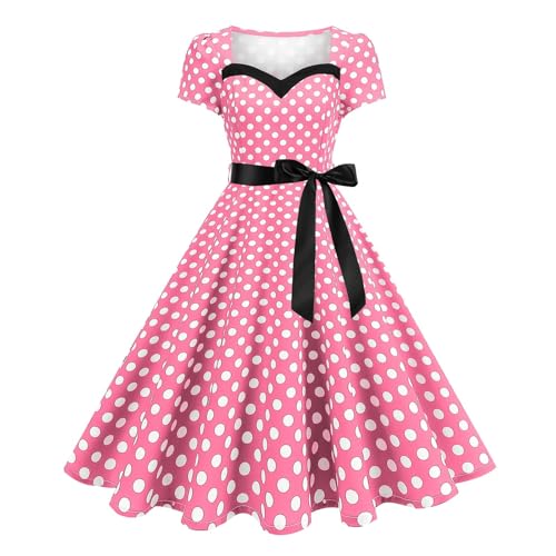 Rockabilly Kleider Damen Elegant – Kurzarm Gepunktet Cocktailkleid mit Bogenknoten – 50er Jahre A-Linie Swing Abendkleid von BFSWL