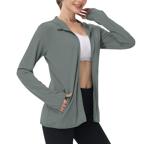 Sommerjacke Damen Leicht Elegant Langarm UV Shirt Sommer Sonnenschutz Laufjacke Atmungsaktiv Sun Hoodie UV-Schutz Sportjacke Outdoor Windjacke Dünne Wanderjacke Kapuzenjacke Sportshirt von BFSWL