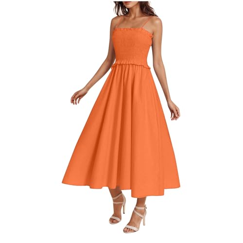 Sommerkleid Damen A Linie Spaghettiträger Midikleid Ärmellos Gesmoktes Kleid Sommer Plissee Trägerkleid Urlaub Boho Strandkleid Einfarbig Swing Freizeikleid von BFSWL