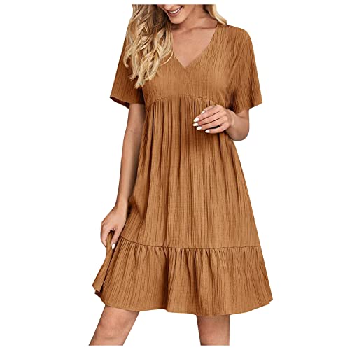 Sommerkleid Damen Knielang A Linie Strandkleid Sommer Kurzarm Kleid Boho V-Ausschnitt Minikleid Rüschen Saum Swing Kleider Einfarbig Plissee Blusenkleid Luftig Freizeitkleid Elegant Strandkleider von BFSWL