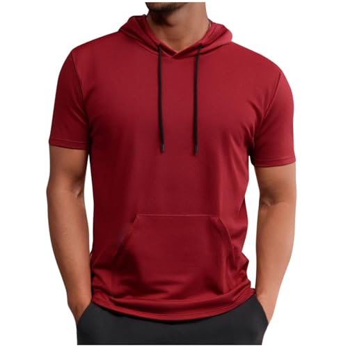 Sport Tshirts Herren Atmungsaktiv Kurzarm Hoodie Große Größen T Shirt mit Kapuze Sommer Einfarbig Sweatshirt Casual Fitness Pullover T-Shirt Modisch Sportshirt mit Taschen Lockere Passform Tops von BFSWL