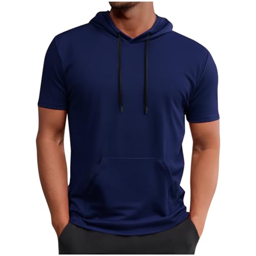 Sport Tshirts Herren Atmungsaktiv Kurzarm Hoodie Große Größen T Shirt mit Kapuze Sommer Einfarbig Sweatshirt Casual Fitness Pullover T-Shirt Modisch Sportshirt mit Taschen Lockere Passform Tops von BFSWL