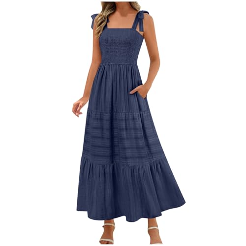 Strandkleid Damen Lang Ärmellos Sommerkleid A Linien Gesmoktes Trägerkleid Sommer Gestuftes Maxikleid Einfarbig Freizeitkleid mit Tashcen Strandkleid Damen Lang Ärmellos Sommerkleid A Linien Gesmoktes Trägerkleid Sommer Gestuftes Maxikleid Einfarbig Freizeitkleid mit Tashcen von BFSWL