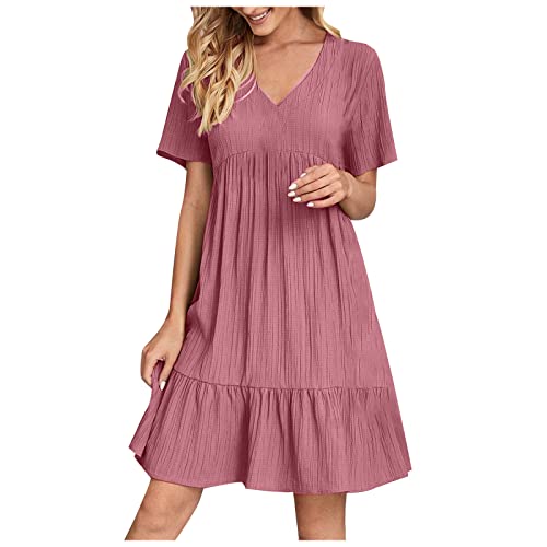 Strandkleid Damen Luftig Kurz Rüschenkleid Elegant Knielang Sommerkleid Sommer V-Ausschnitt Shirtkleid Kurzarm Kleider mit Rüschen Saum A Linie Swing Boho Kleid Urlaub Freizeitkleid von BFSWL