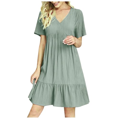 Strandkleid Damen V-Ausschnitt Sommerkleid Luftig Knielang Swing Kleid A Linie Kurzarm Blusenkleid Sommer Strand Boho Minikleid Elegant Rüschen Saum Kleider Einfarbig Plissee Freizeitkleid von BFSWL