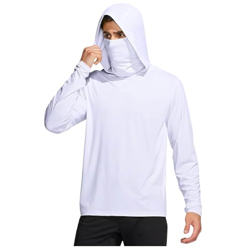 Sun Hoodie Herren UV-Schutz Langarm T-Shirt mit Maske und Kapuze Schnelltrocknend UPF 50+ Kapuzenpullover Sommer Sonnenschutz Funktionsshirt Atmungsaktiv Rashguard Leichte Kapuzenshirt für Angeln von BFSWL