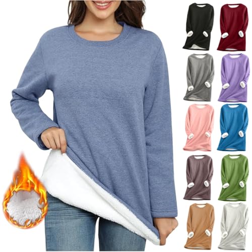 Teddy Fleece Pullover Damen Grosse Grössen Fleecepullover Einfarbig Sweatshirt Ohne Kapuze Langarm Warm Gefütterte Pulli Freizeit Winter Fleecepulli Basic Plüsch Langarmshirt Thermounterwäsche von BFSWL