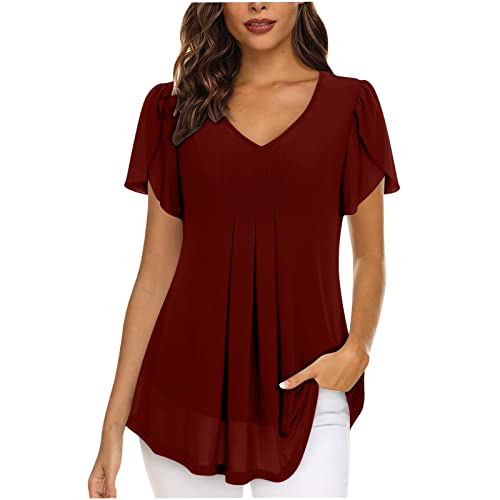 The Summer I Turned Pretty Blusenshirt Damen Kurzarm Longshirt Blütenblatt Ärmel Tshirt Fließende Chiffon Bluse Elegant Plissee Tunika Einfarbig T Shirt Aesthetic T-Shirt Urlaub Oberteile Sommer von BFSWL
